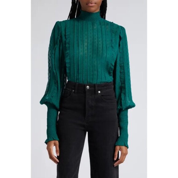 Farm Rio Ruffled Clip Dot Blouse In Green Size Small - Picture 1 of 8